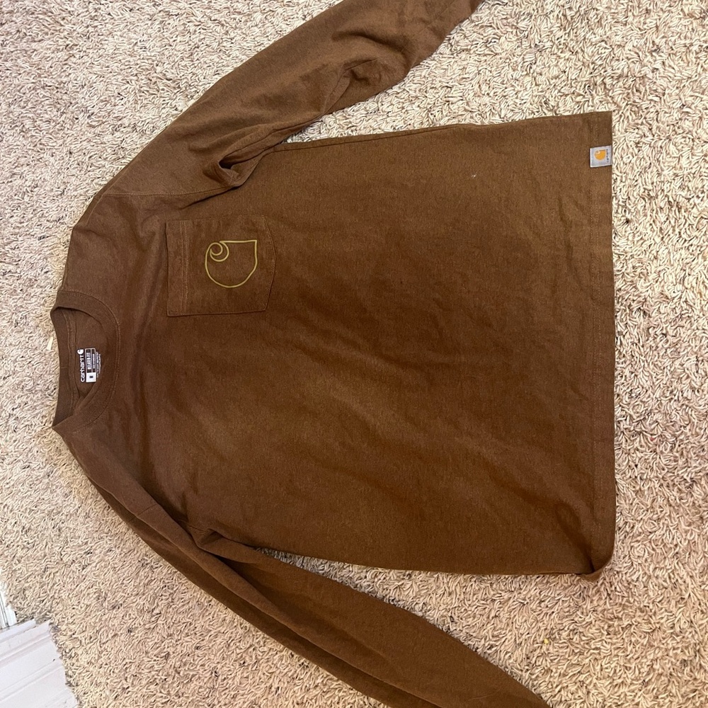 Carhartt Brown Long Sleeve Pocket Tee with Yellow-Gold Logo